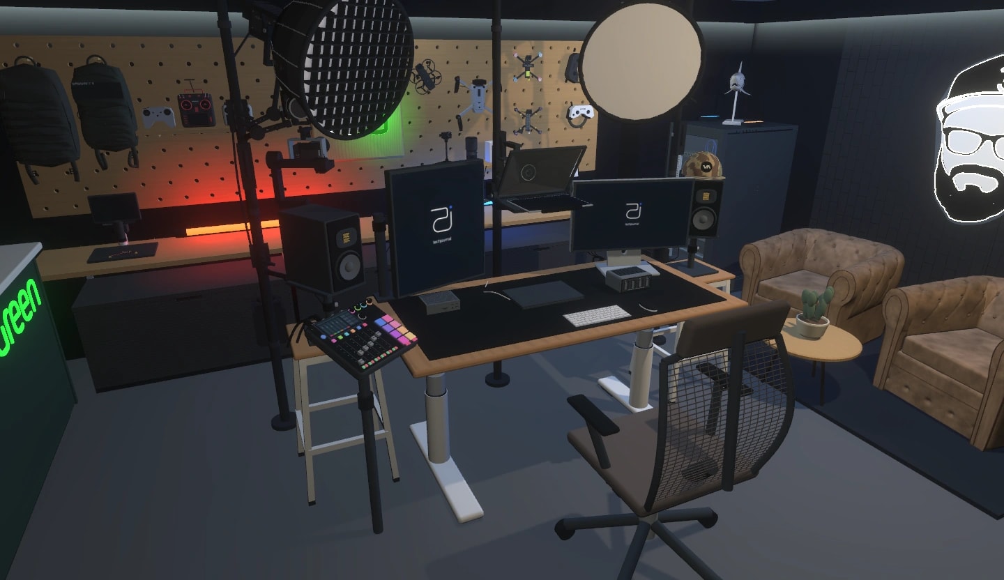 Blick auf Arbeitsplatz, Kamerarig und Lounge im modellierten TechJournal-Studio